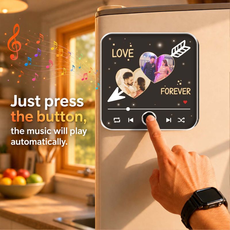 Personalized Romantic Music Player Fridge Magnet with Built in Speaker – Customized Photo Refrigerator Magnet Love Forever Gift for Anniversary, Couple, Husband, Wife